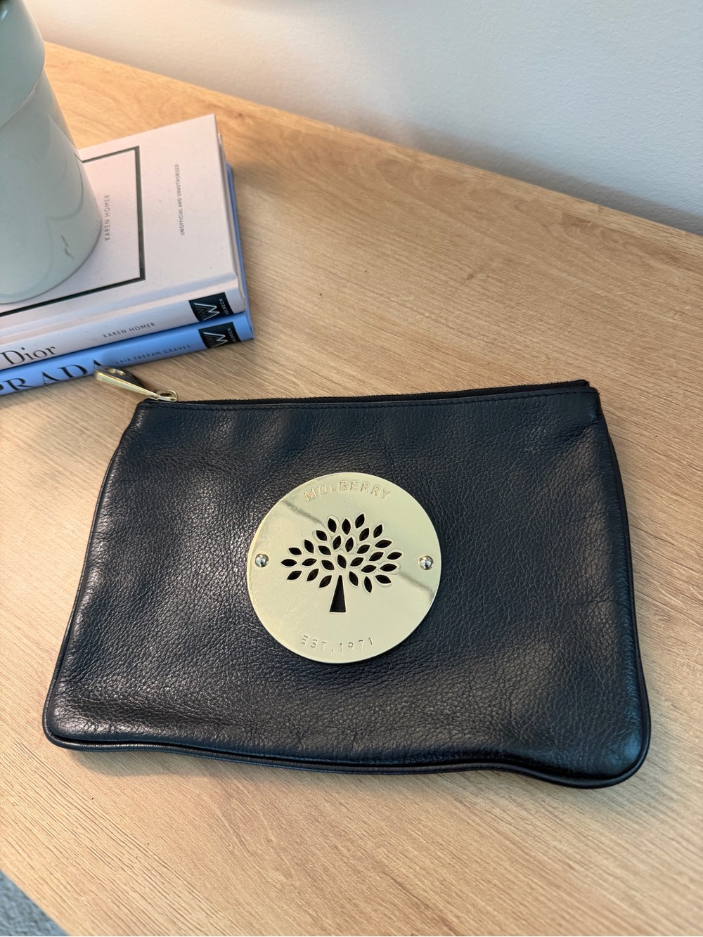 Mulberry Daria Black Leather Zip Pouch with Gold Tree Emblem